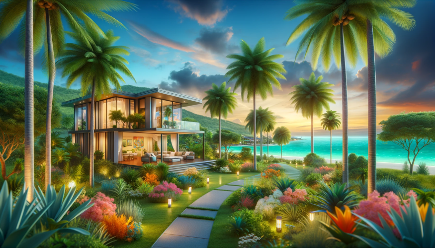 A luxurious modern villa in a tropical setting with lush greenery, palm trees, and a view of the turquoise sea, under a golden sunset sky.